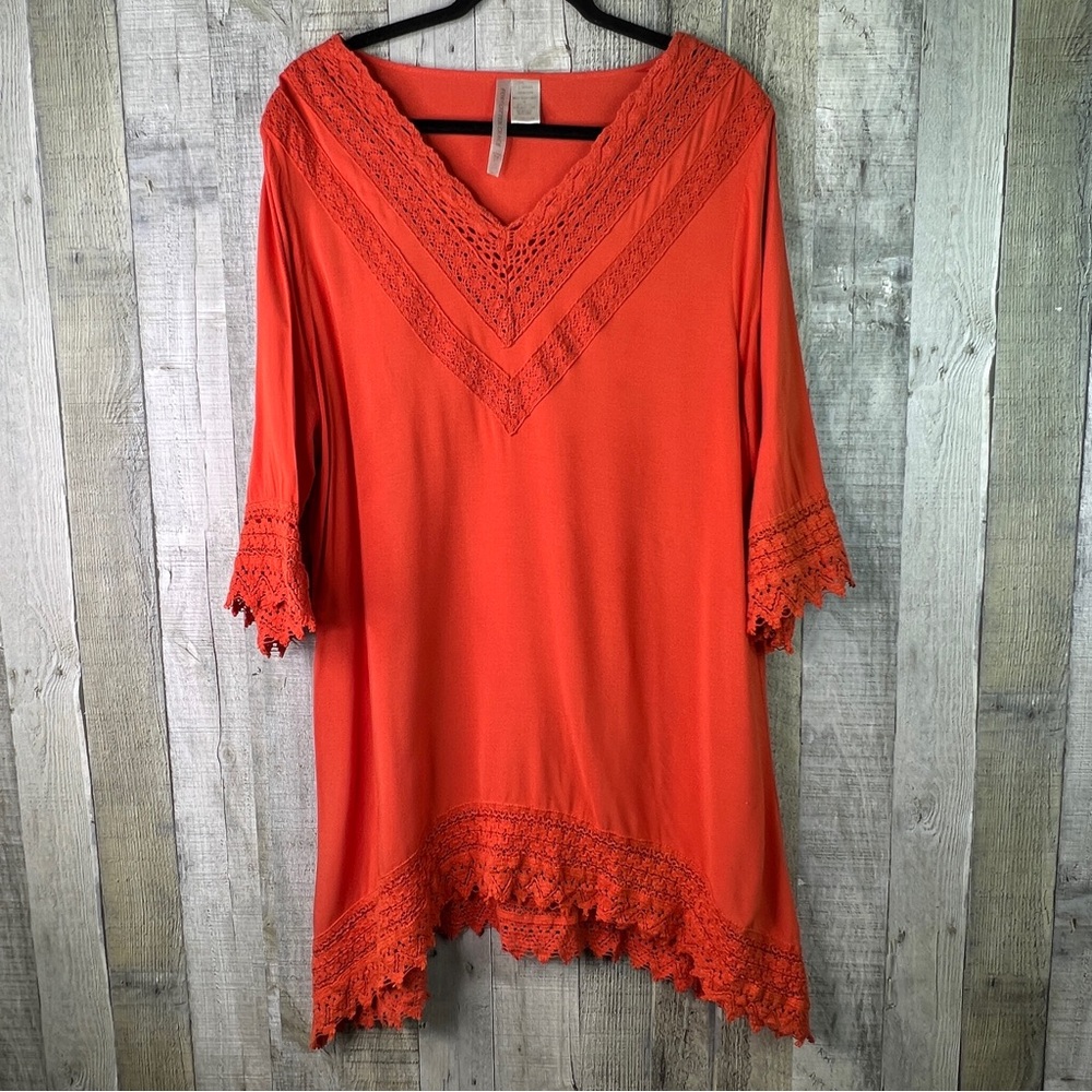 Forgotten Grace 3X 100% Rayon Orange V-Neck Crocheted Lace Trim & Hem Tunic Top